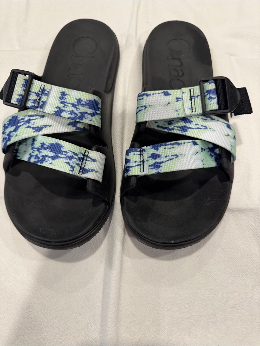 Chaco Kids Black Sandals with Blue and Green Patterned Straps